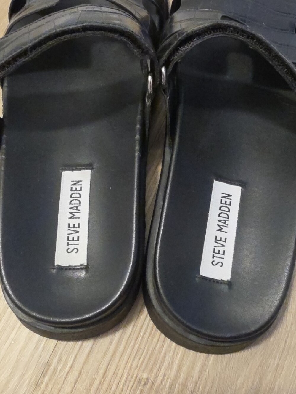 Steve Madden Black Croc-Embossed Slide Sandals - Picture 3 of 7